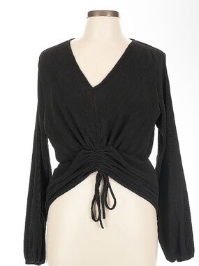 Gilli Black Ribbed V-Neck Drawstring Front-Tie Long Sleeve Top